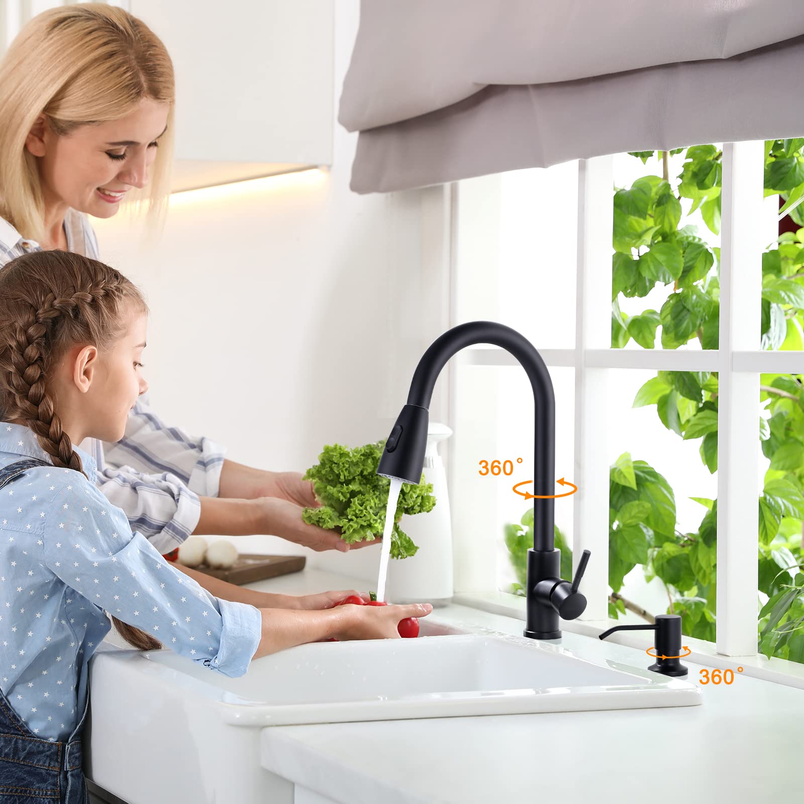 WOWOW Black Kitchen Faucet with Soap Dispenser  Stainless Steel Kitchen Sink Faucet  Matte Black Kitchen Faucet Single Handle High Arc Utility Sink Faucet for Sink  RV  Laundry  Bar